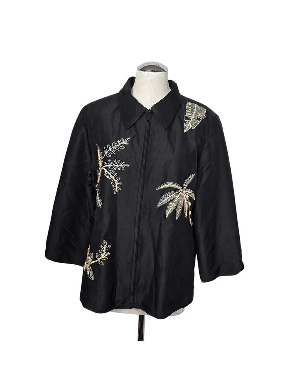SilkLand Black Tan Floral Leaves Beaded Full Zip Lightweight Silk Jacket XL